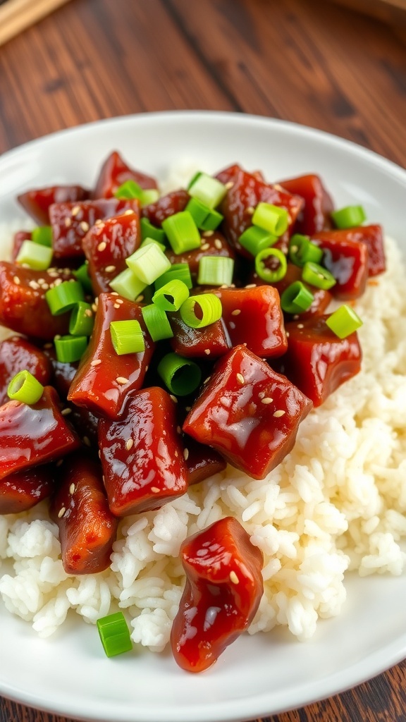 Crispy Mongolian beef garnished with green onions and sesame seeds, served over rice on a wooden table.